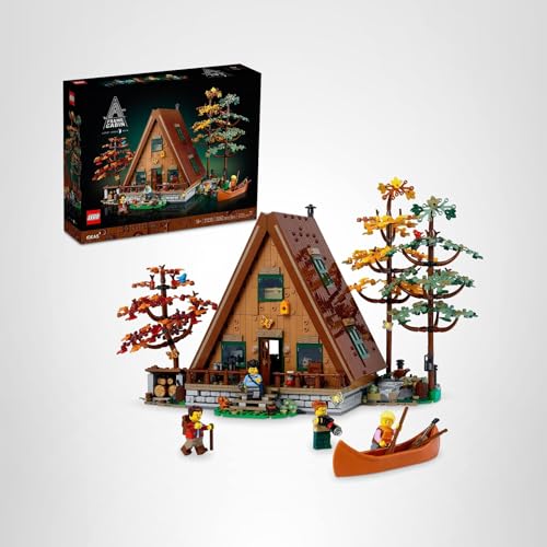 LEGO Ideas A-Frame Cabin assembled with dimensions for shelf display