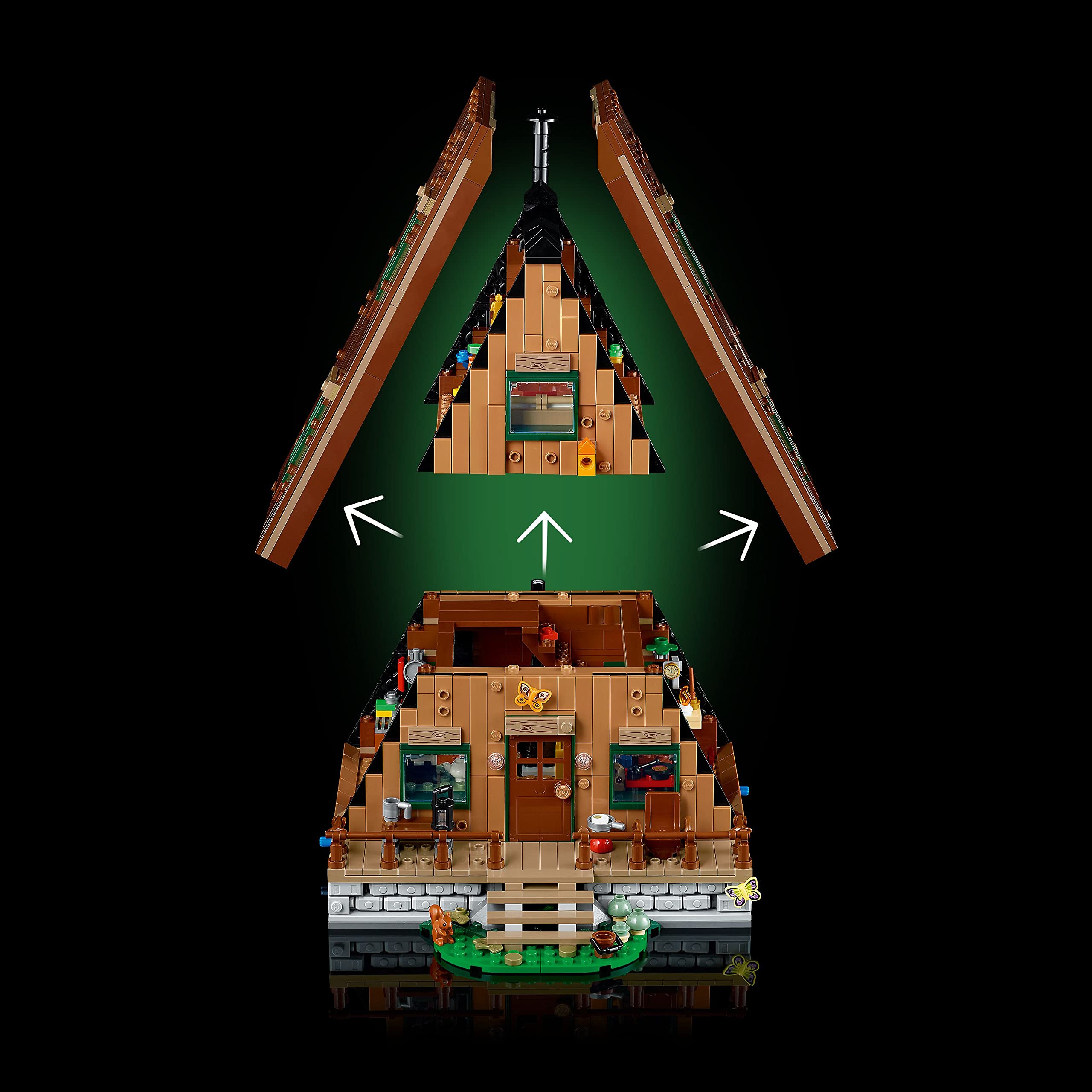 LEGO Ideas A-Frame Cabin living area and kitchenette interior details