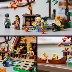 LEGO Ideas A-Frame Cabin trees and canoe forming island scene