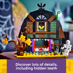 LEGO Bat and lamp accessories, create eerie ambiance for Halloween scenes.