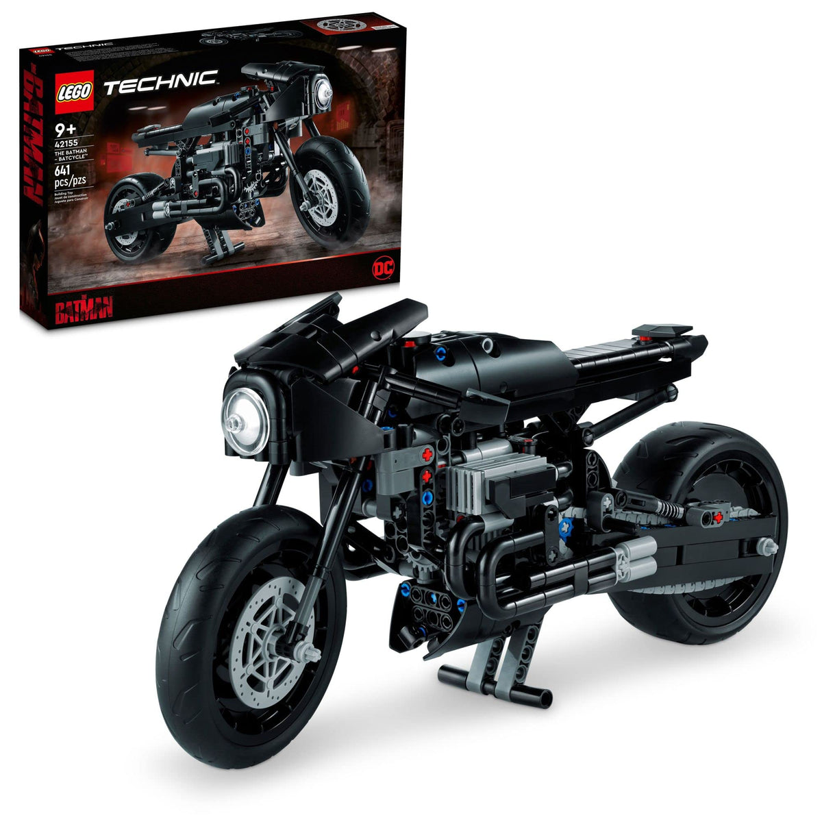 LEGO BATCYCLE front view with steering and movie-inspired detailing.