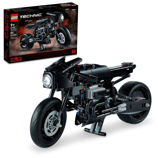 LEGO BATCYCLE front view with steering and movie-inspired detailing.