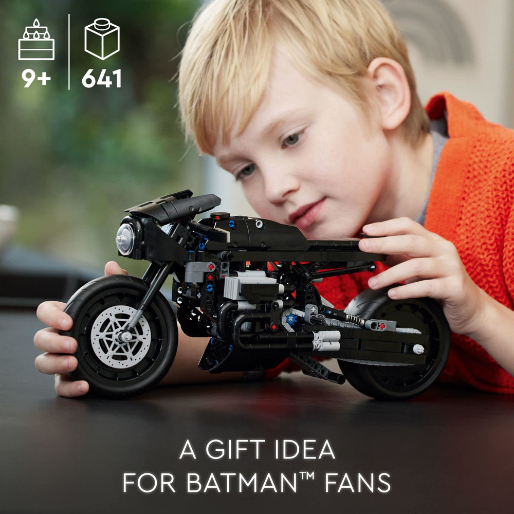 LEGO BATCYCLE kickstand enables stable display on shelf or desk.