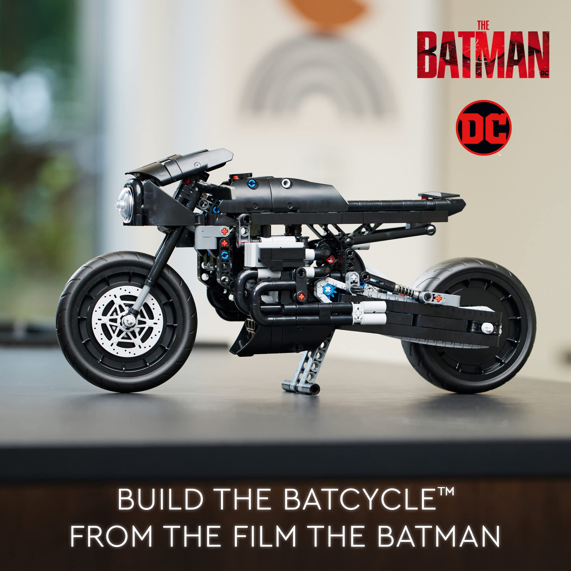 LEGO BATCYCLE side profile showcases elongated silhouette and authentic decals.