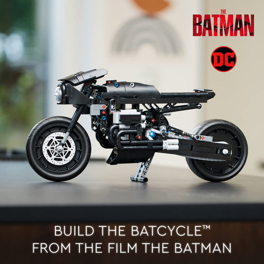 LEGO BATCYCLE side profile showcases elongated silhouette and authentic decals.