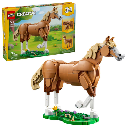 LEGO Creator 31166 Beautiful Horse on stand with movable joints for lifelike poses.