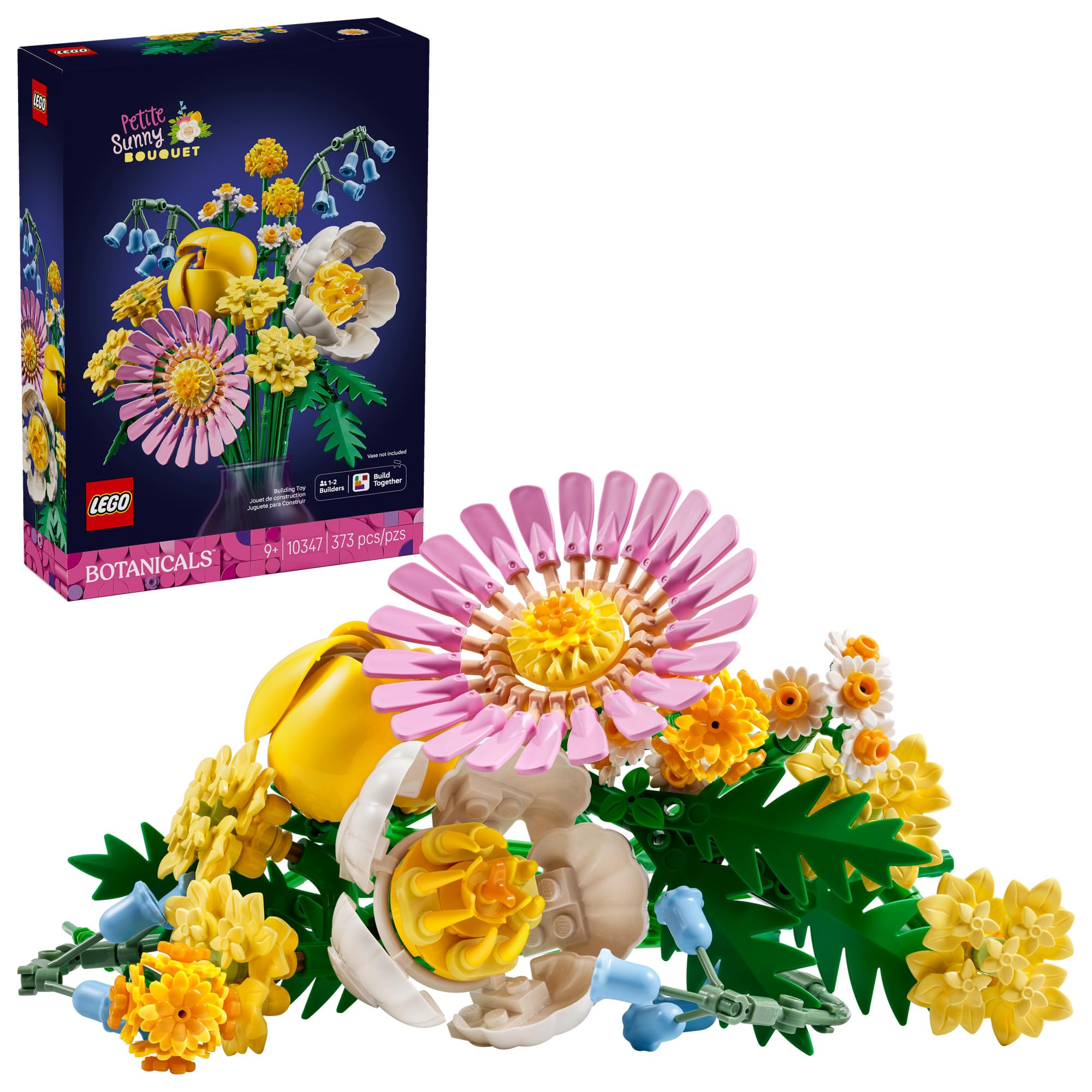 LEGO Botanicals Petite Sunny Bouquet bluebells display on a bright desk for cheerful decor.