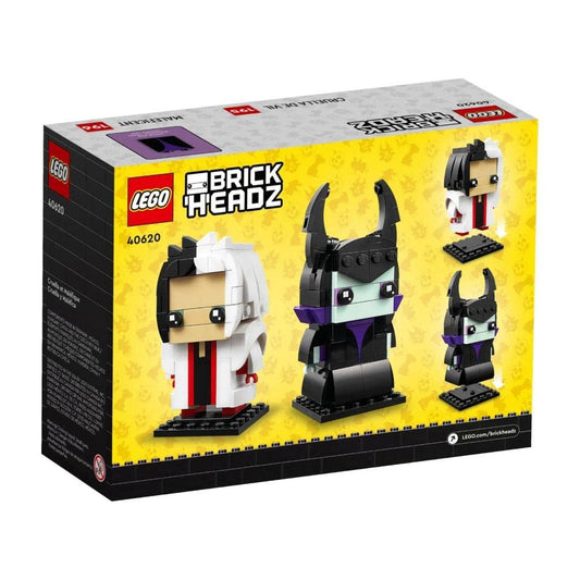 LEGO BrickHeadz Cruella and Maleficent close-up figures show iconic details.