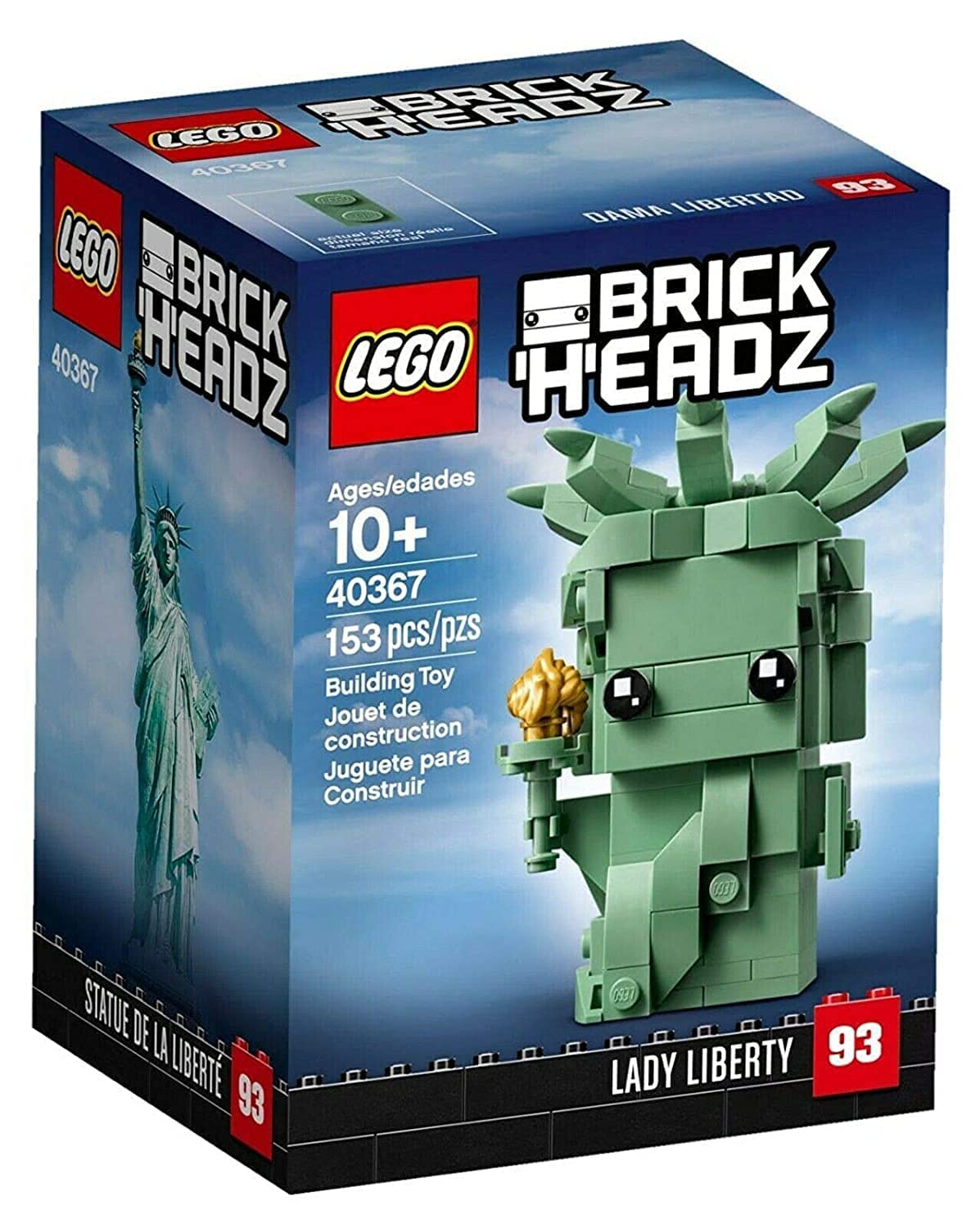 LEGO BrickHeadz Lady Liberty front view on display