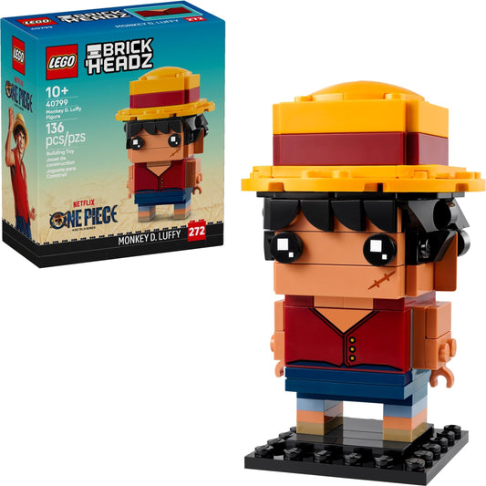 LEGO BrickHeadz Monkey D. Luffy figure on baseplate for display and imaginative play.