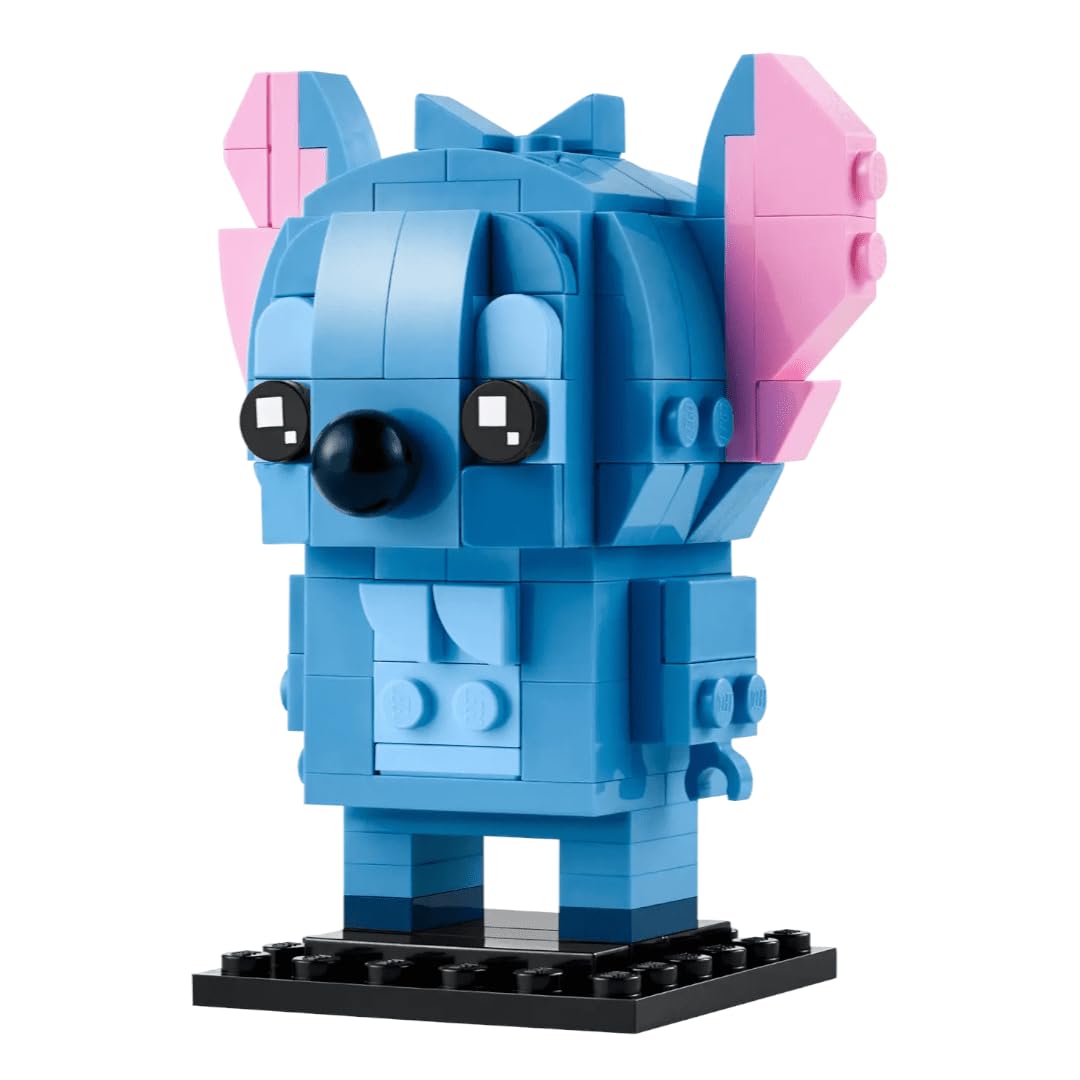 LEGO BrickHeadz Stitch desk display highlighting blue shades for authentic look.