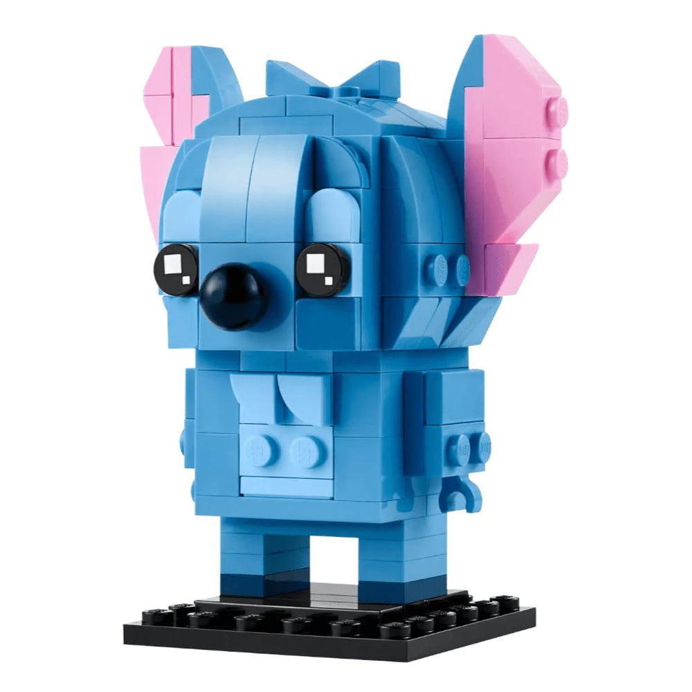 LEGO BrickHeadz Stitch desk display highlighting blue shades for authentic look.