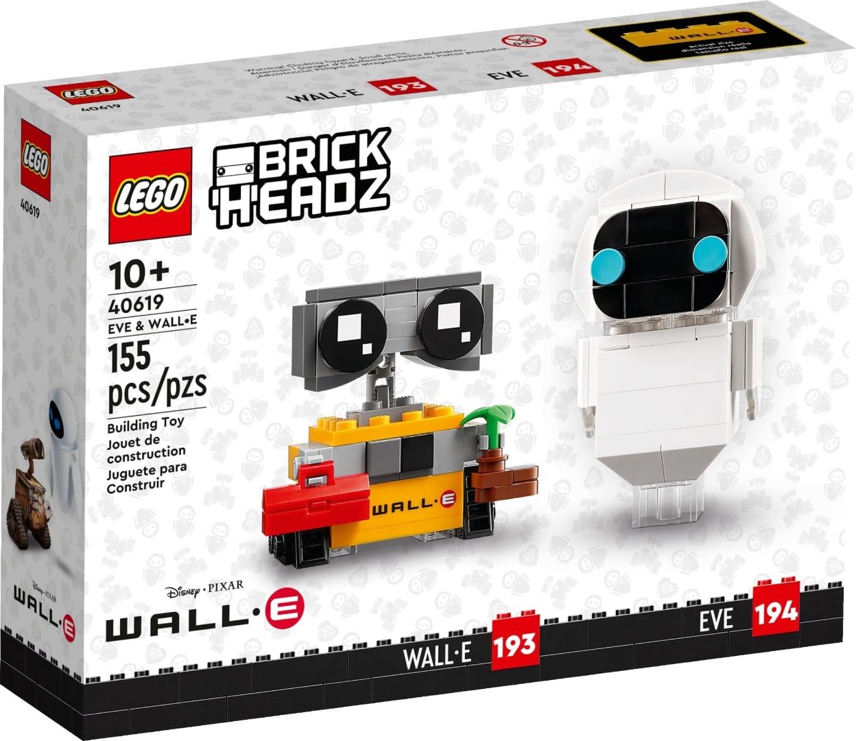 LEGO BrickHeadz Wall-E and Eve 40619 display figurines for shelf collection.
