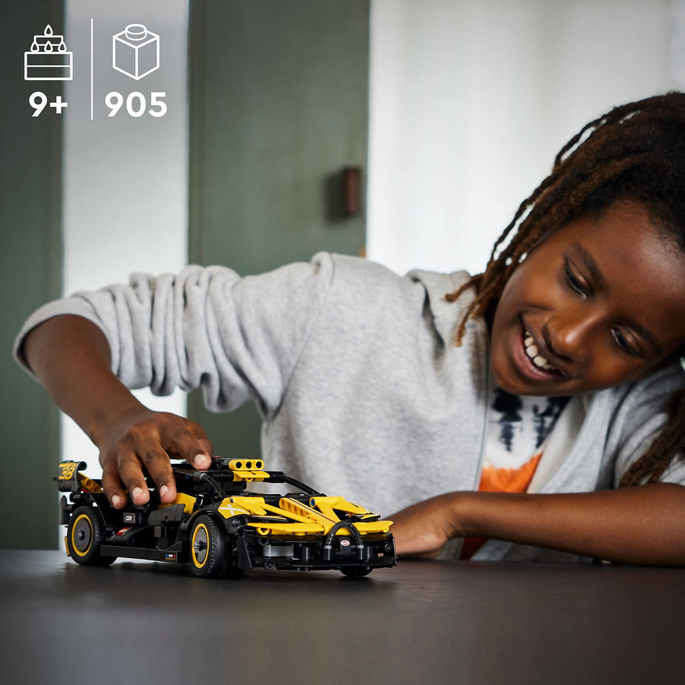 LEGO Bugatti Bolide yellow black palette emphasizes bold display presence