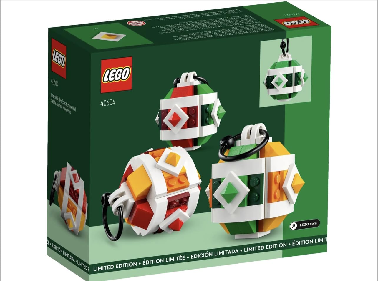 LEGO Christmas Ornament Set topper in red-green tones adds festive charm to your tree.