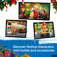 LEGO City minifigures lineup including Santa, Mrs. Claus, elves and snowman for storytelling