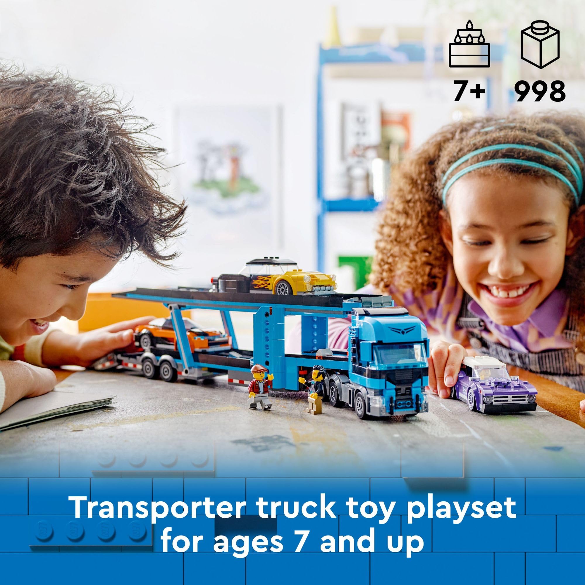 LEGO City Car Transporter Trailer ramps image emphasizes easy car loading and unloading.