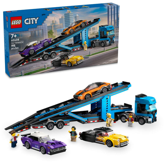 LEGO City Car Transporter Truck front view highlights a scalable build for imaginative play.
