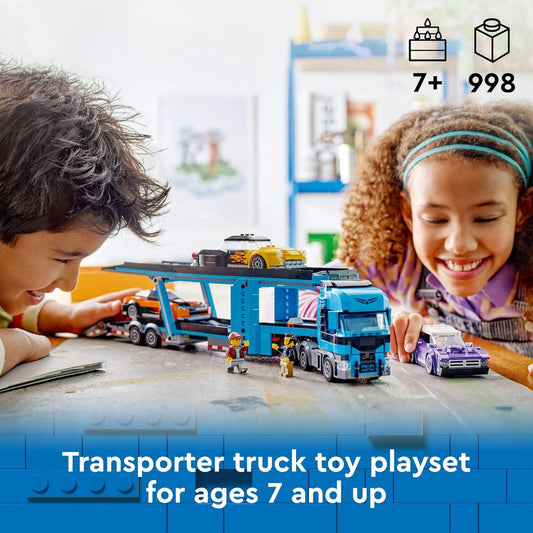 LEGO City Car Transporter Truck side view shows the long trailer for diverse storytelling.