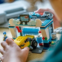 LEGO City Car Wash compact build fits on floors or shelves for quick pretend car care.