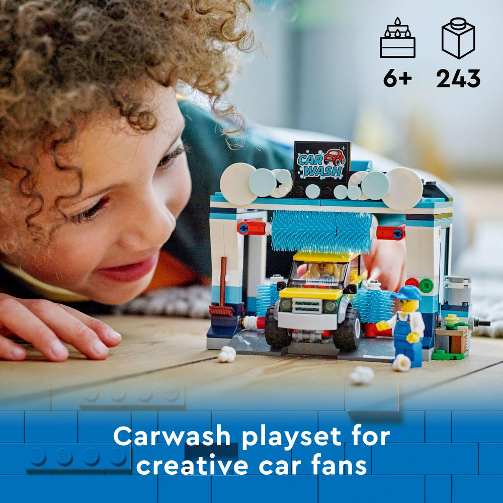 LEGO City Car Wash features car and two minifigures for storytelling.