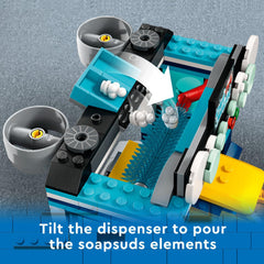 LEGO City Car Wash soapsuds dispenser in action enhances pretend play.