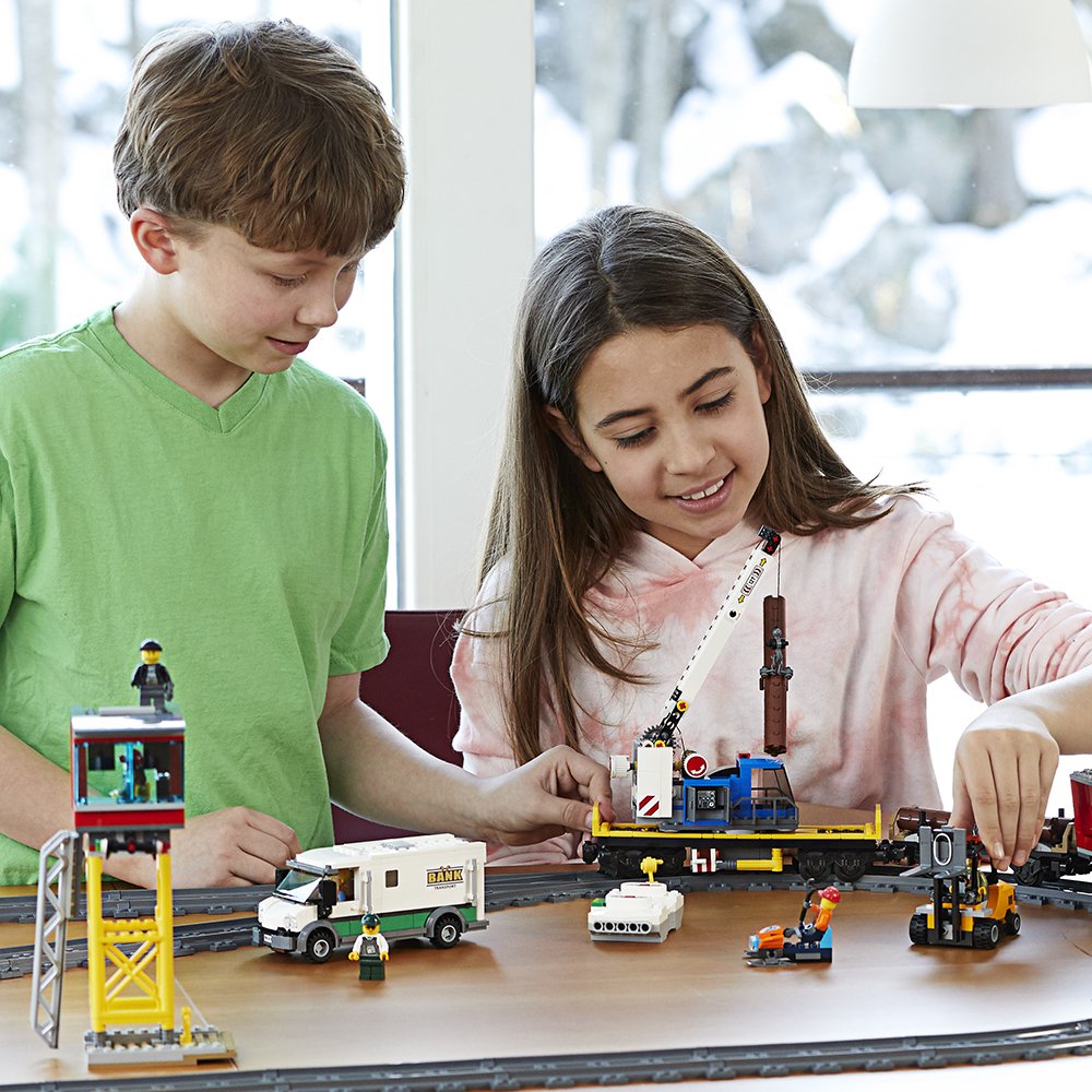 LEGO City Cargo Train armored truck and forklift open doors for cargo handling play