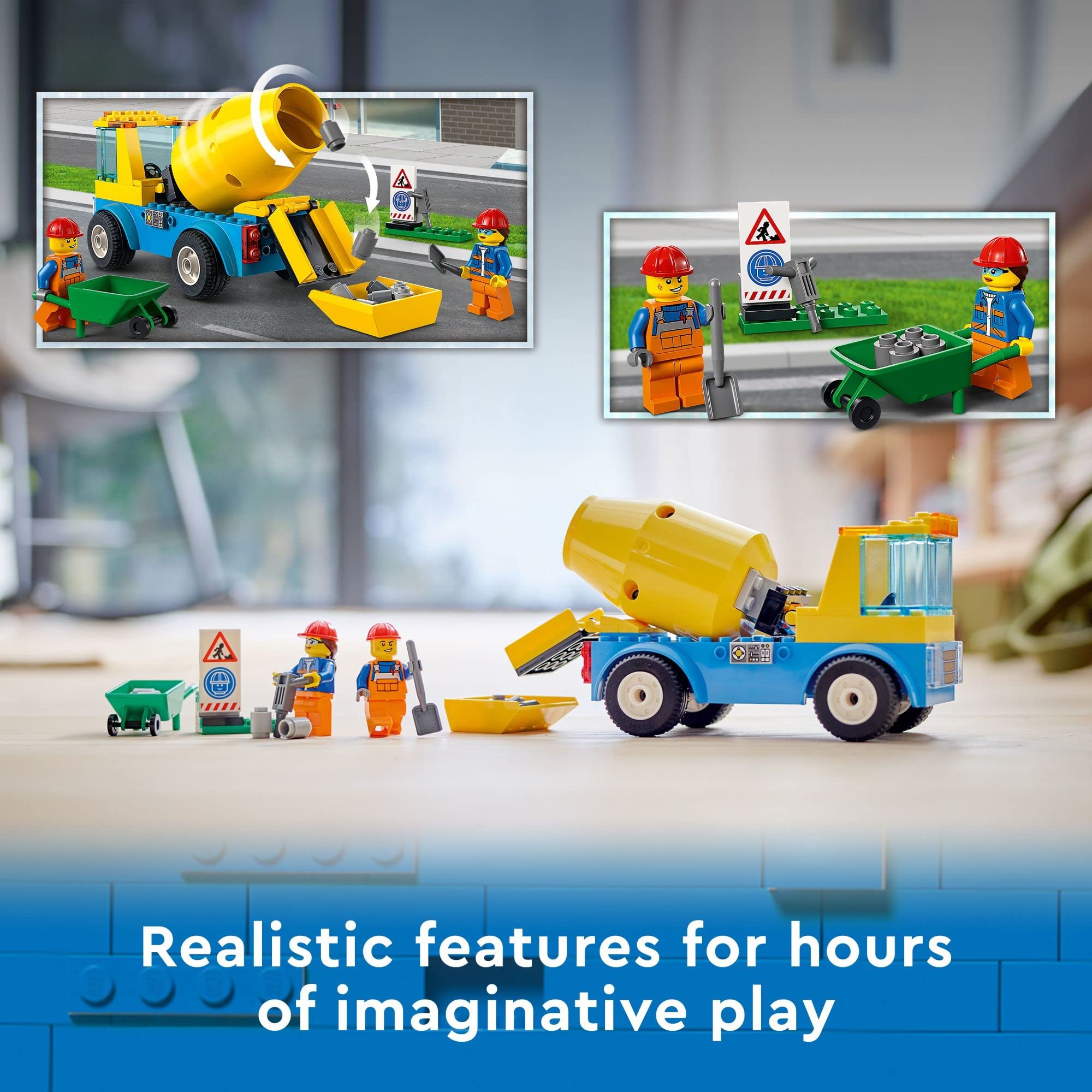 LEGO City Cement Mixer Truck 60325 roadworks sign included for site scenarios.