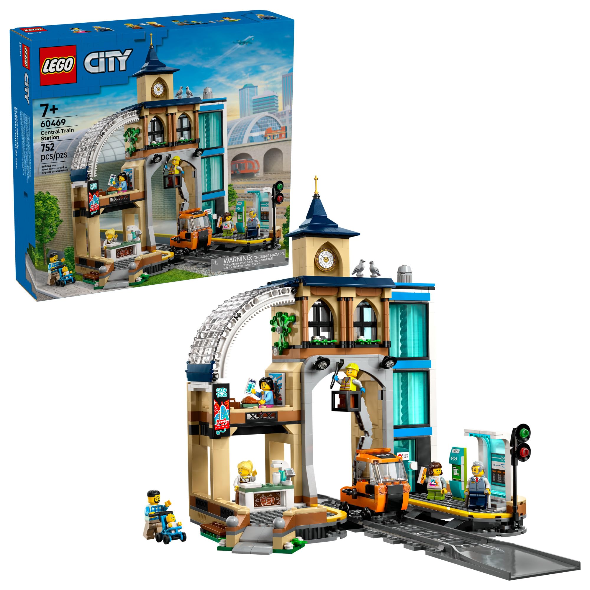 LEGO City Central Train Station with three-level clock tower, ready for imaginative play