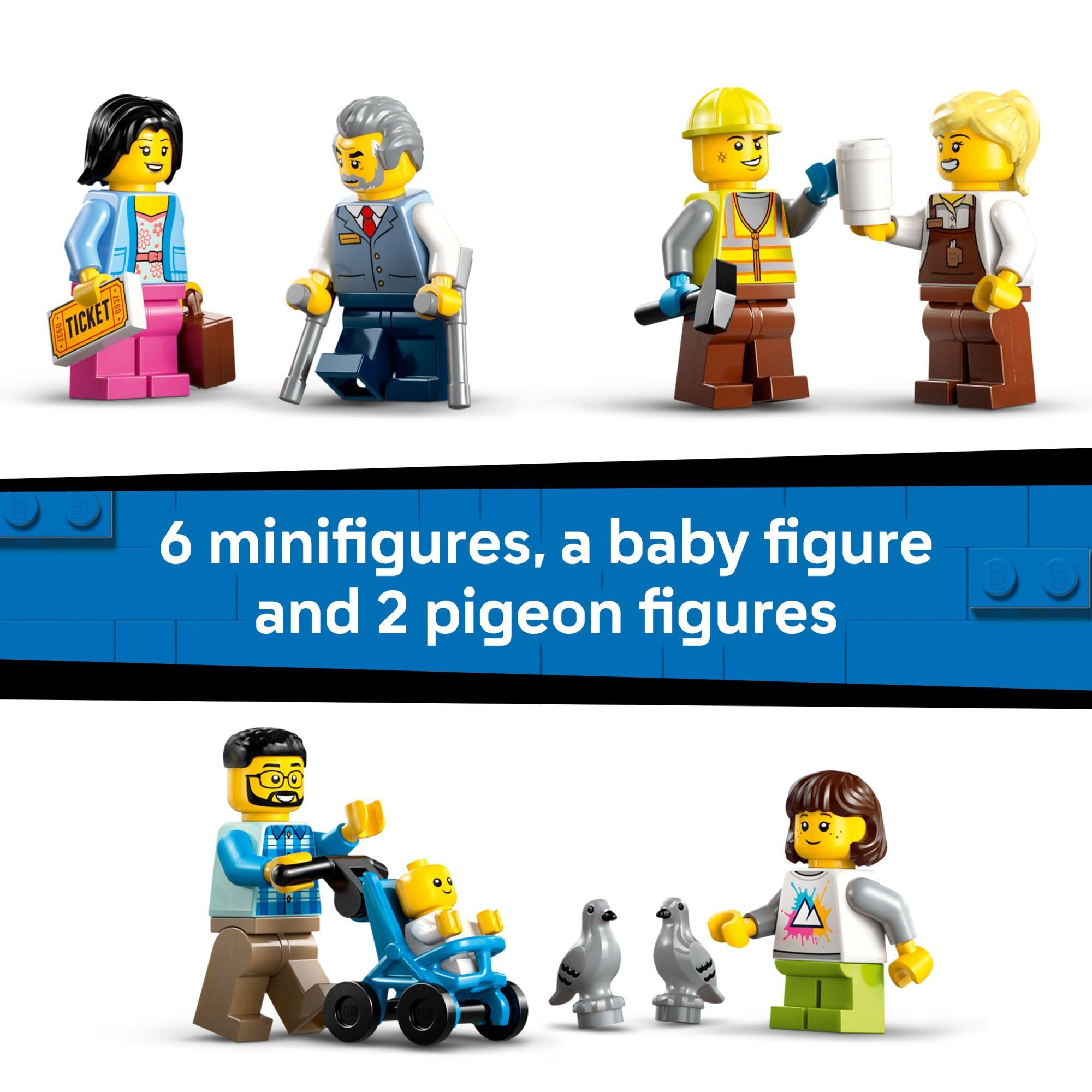 LEGO City Central Train Station minifigures, baby, and pigeons in daily bustle