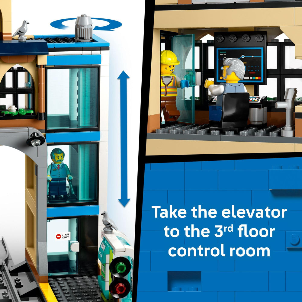LEGO City Central Train Station timetable display informing travelers