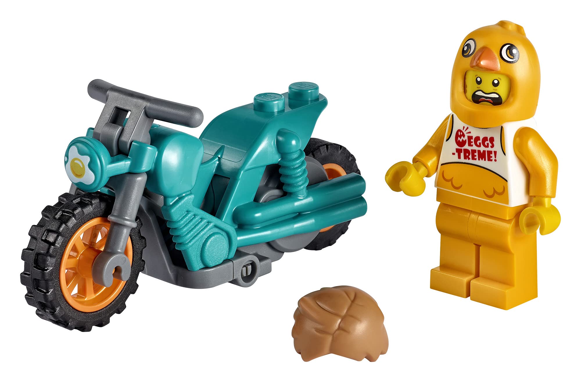 LEGO City Chicken Stunt Bike 60310 box contents with motorbike and Clemmons figure