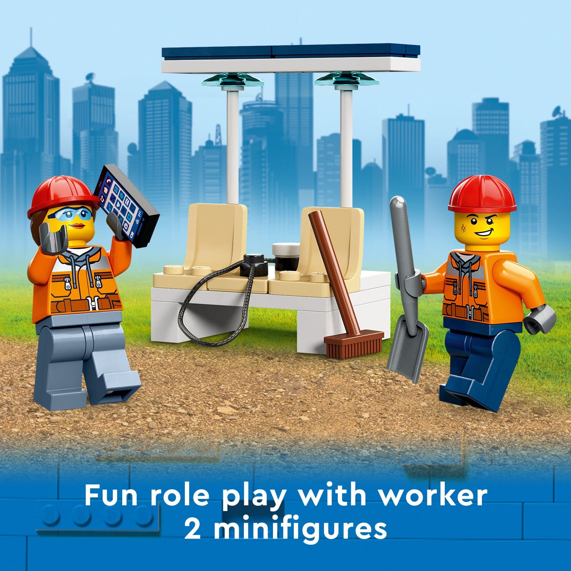 LEGO City Construction Digger play scenario, supports storytelling and collaboration.