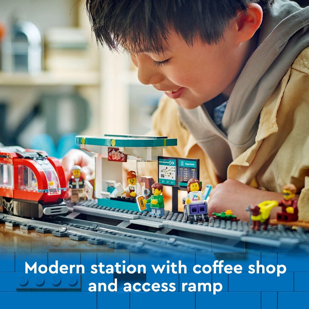 LEGO City Downtown Streetcar and Station includes six minifigures for varied play