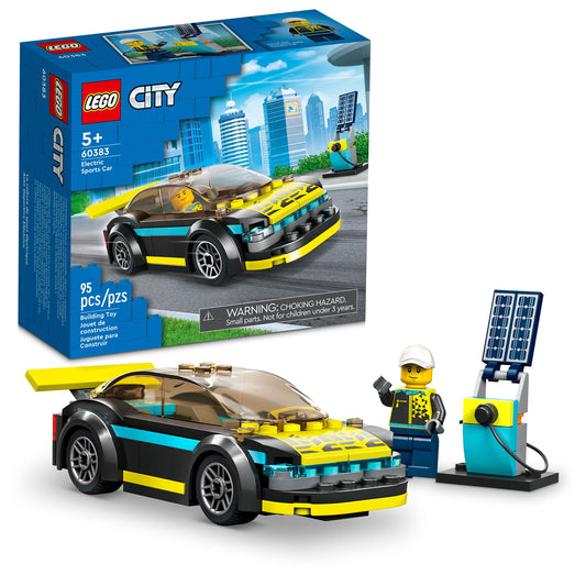 LEGO City Electric Sports Car front view with neon-yellow detailing for immersive racing play.