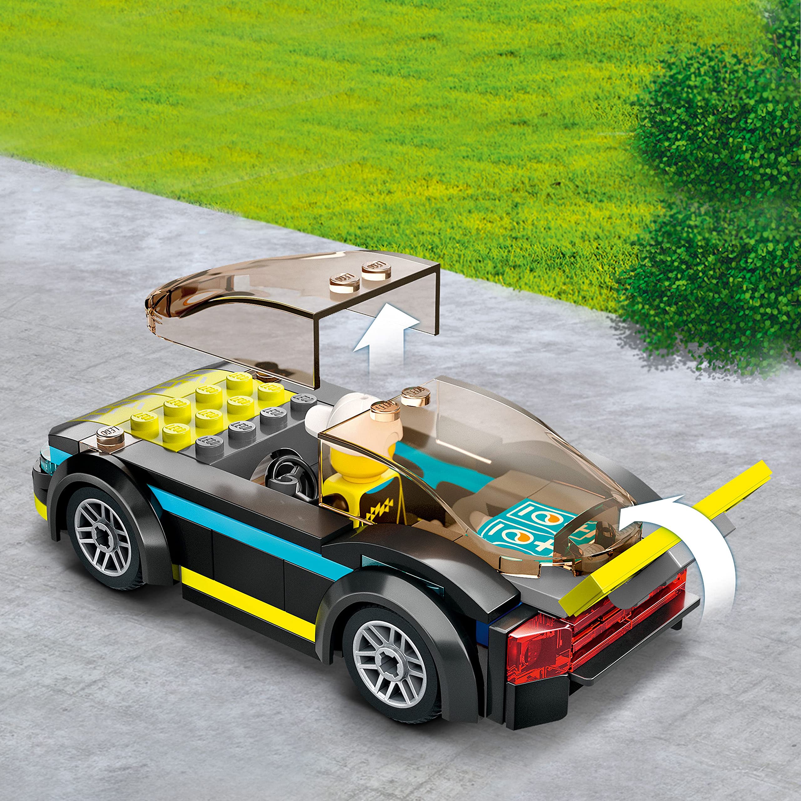 LEGO City Electric Sports Car neon-yellow design stands out in playroom layouts.