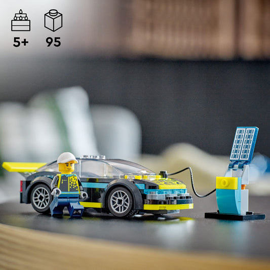 LEGO City Electric Sports Car rear spoiler detail enhances realism during imaginative races.