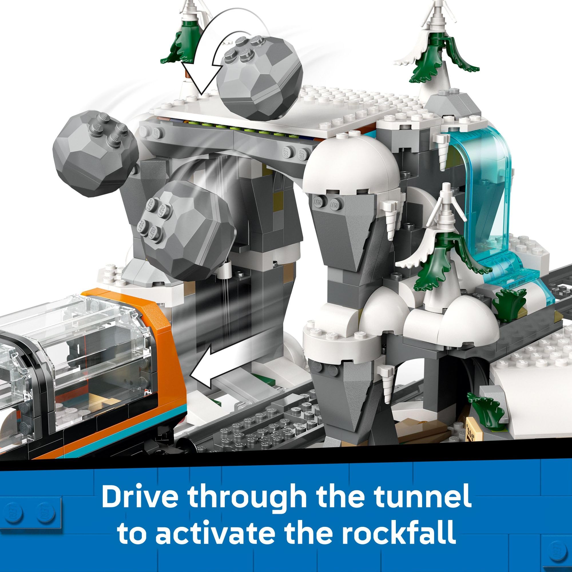 LEGO City Explorers Arctic Polar Express mountain tunnel showcases rockfall function.