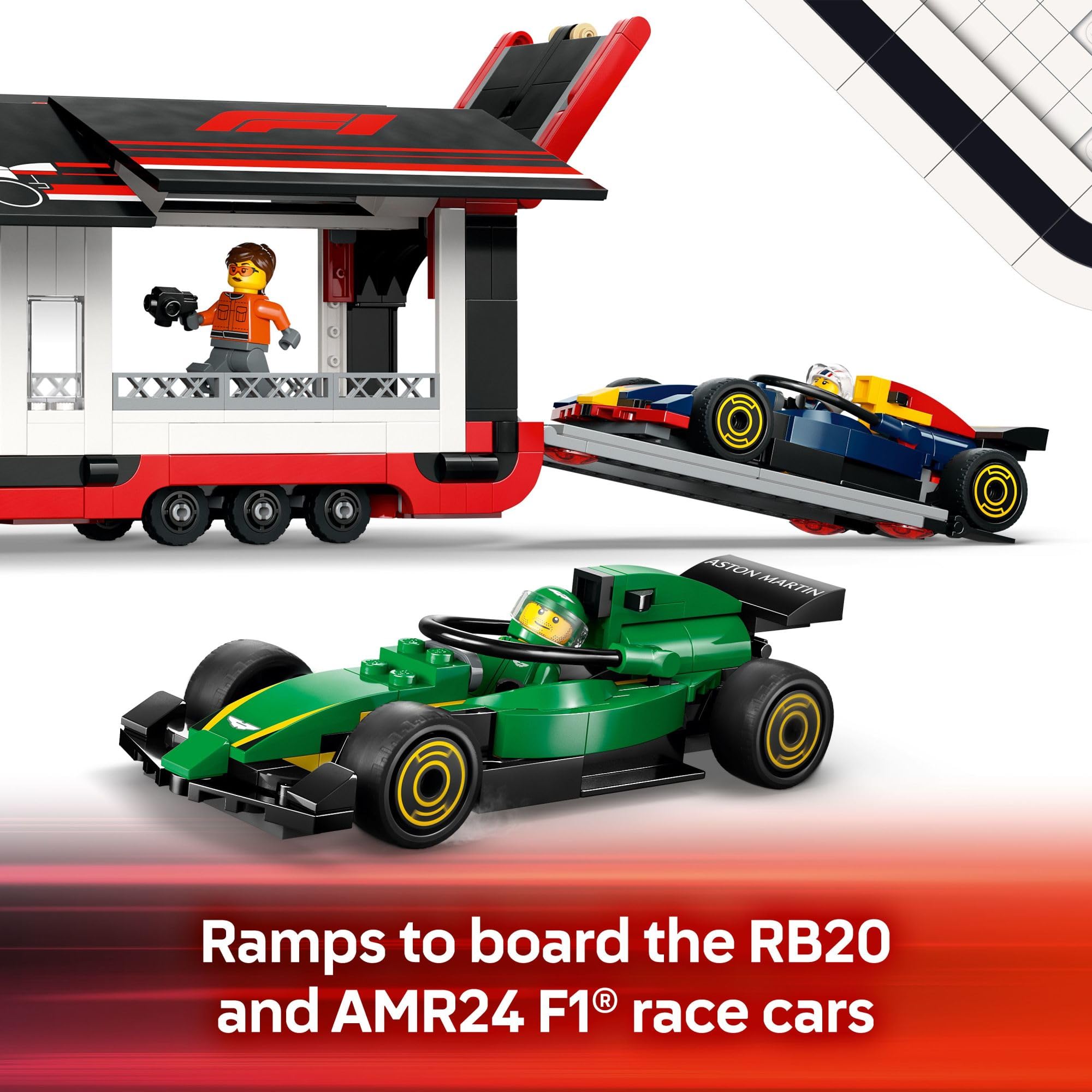 LEGO AMR24 F1 car model outside trailer for action-packed scenes
