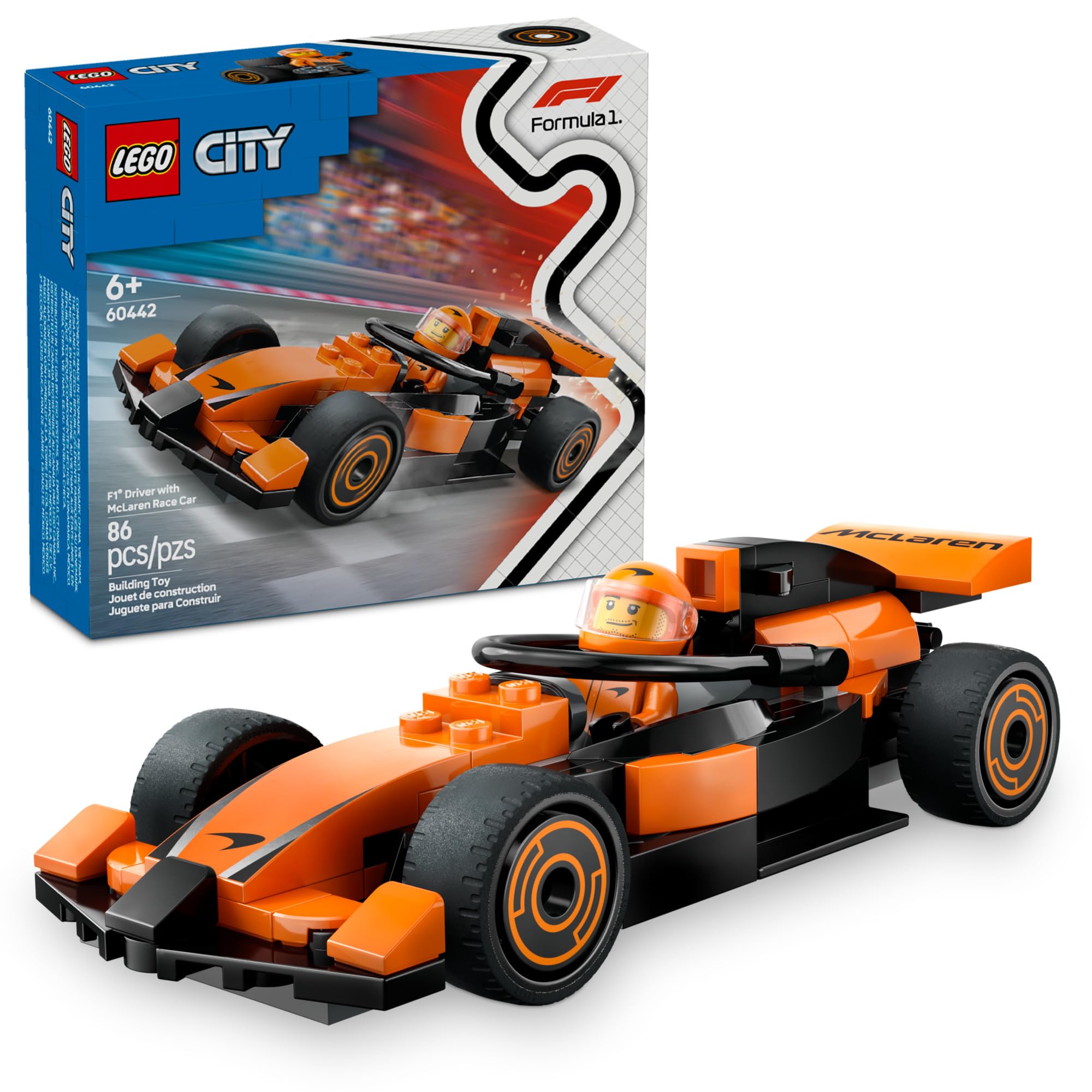 LEGO City F1 Driver with McLaren car side view for imaginative racing play