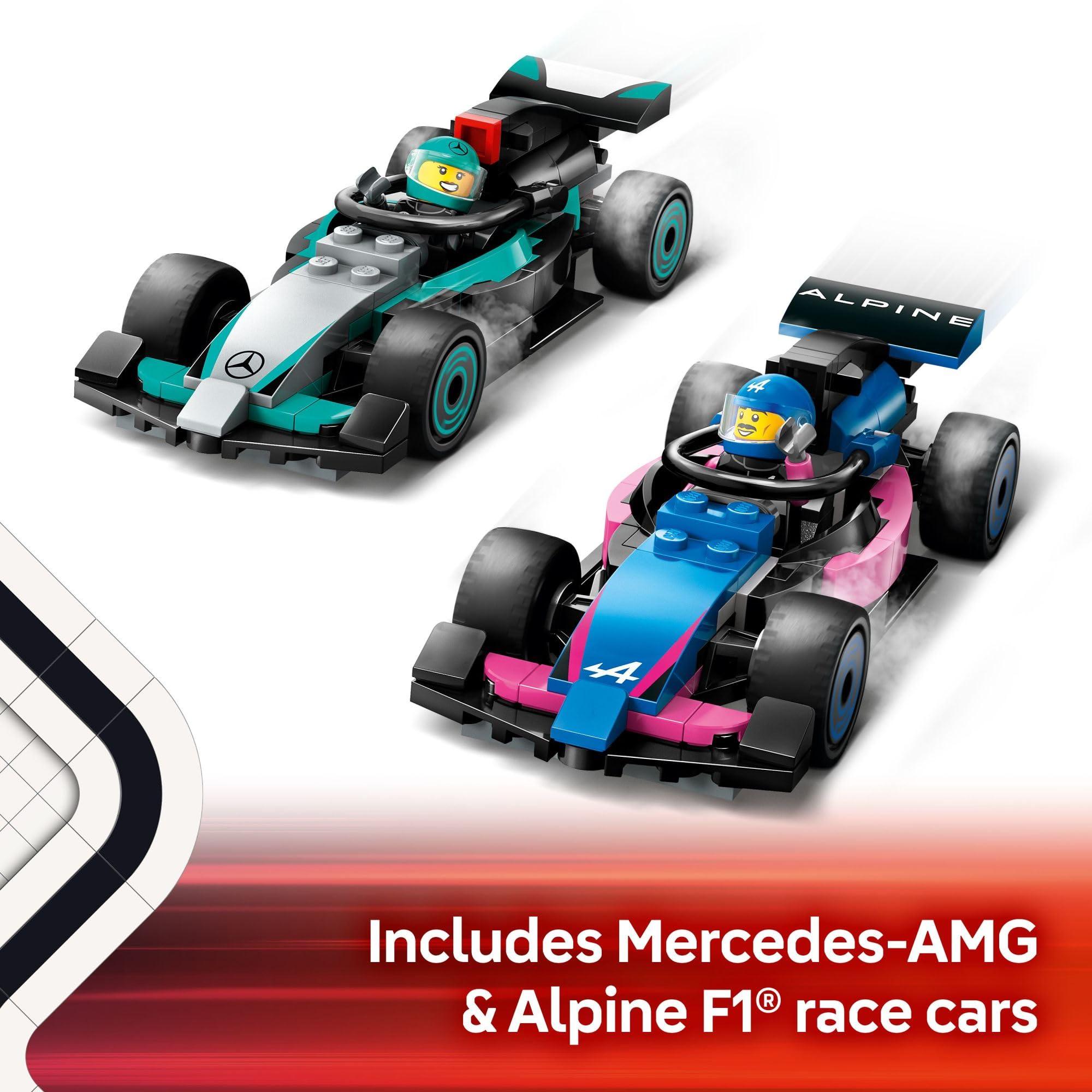 LEGO City F1 mechanic minifigures to staff the garage.