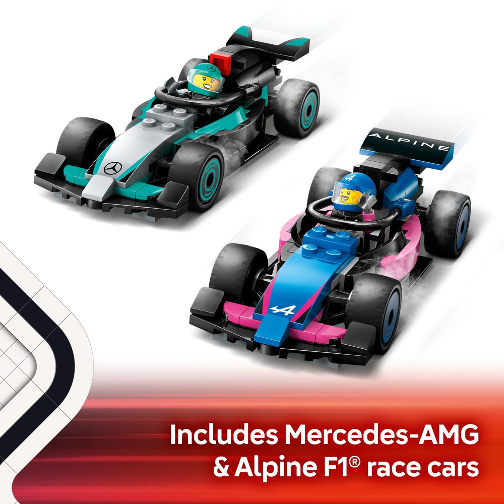 LEGO City F1 mechanic minifigures to staff the garage.