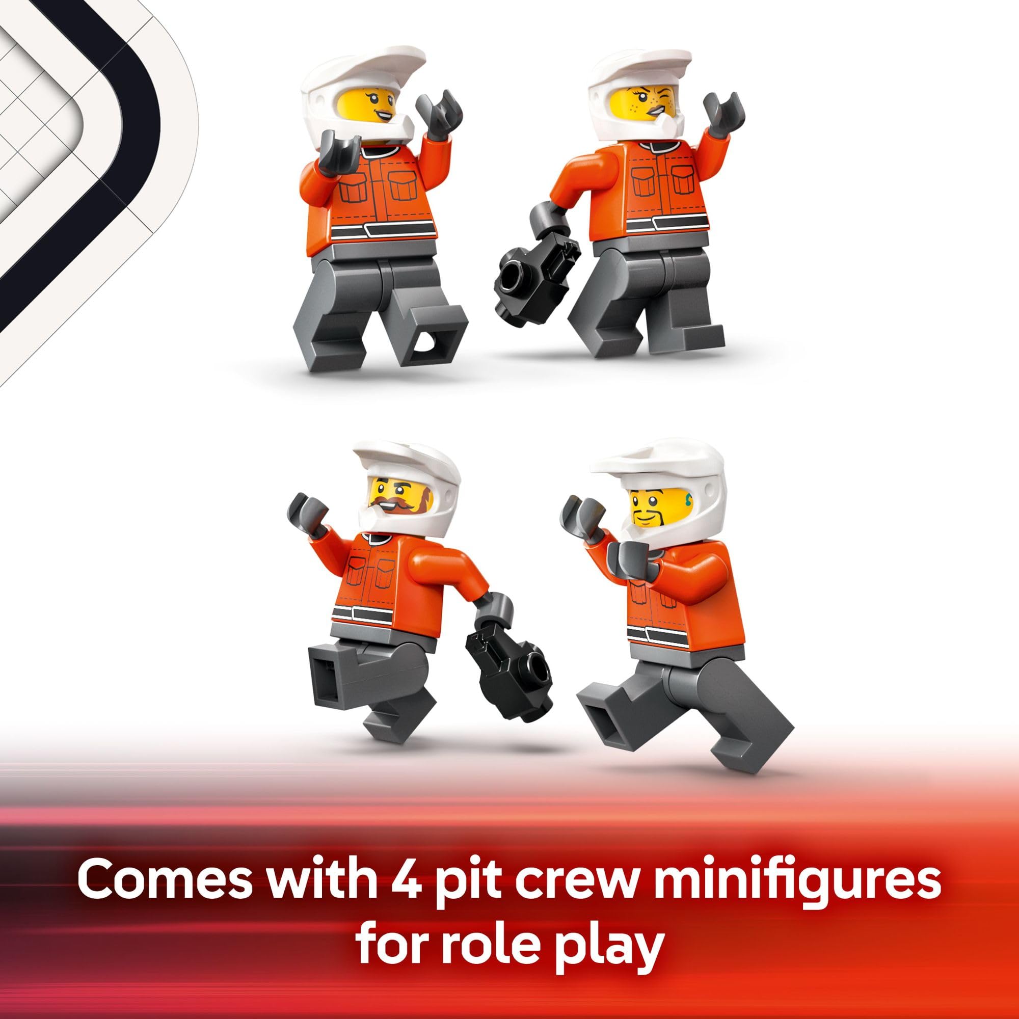 LEGO City F1 pit stop dimensions shown, roughly 14 cm wide.