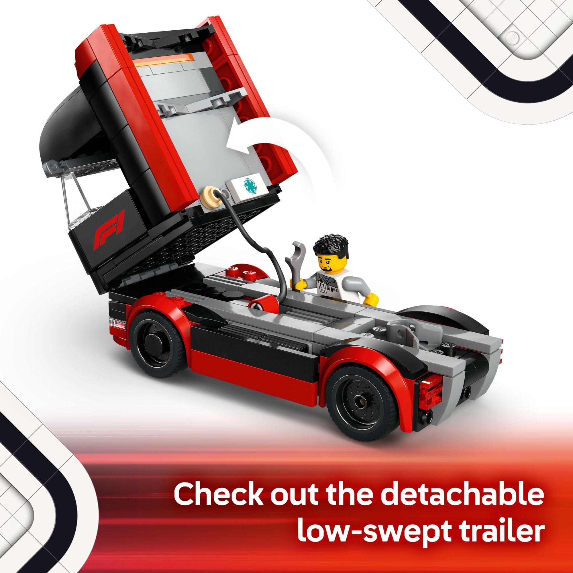 LEGO RB20 F1 car model inside trailer for fast-paced play