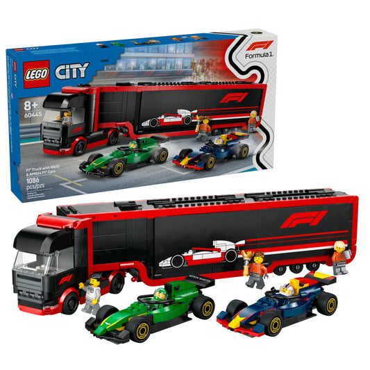 LEGO City F1 truck with RB20 front view for imaginative racing play