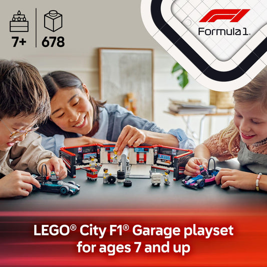 LEGO City F1 workshop with tire tower and tool carts for hands-on building.