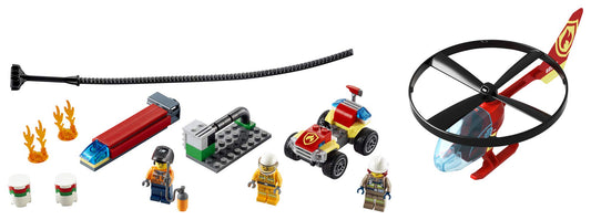 LEGO City Fire Helicopter Response ATV rescue scene for kids' role-play adventures.