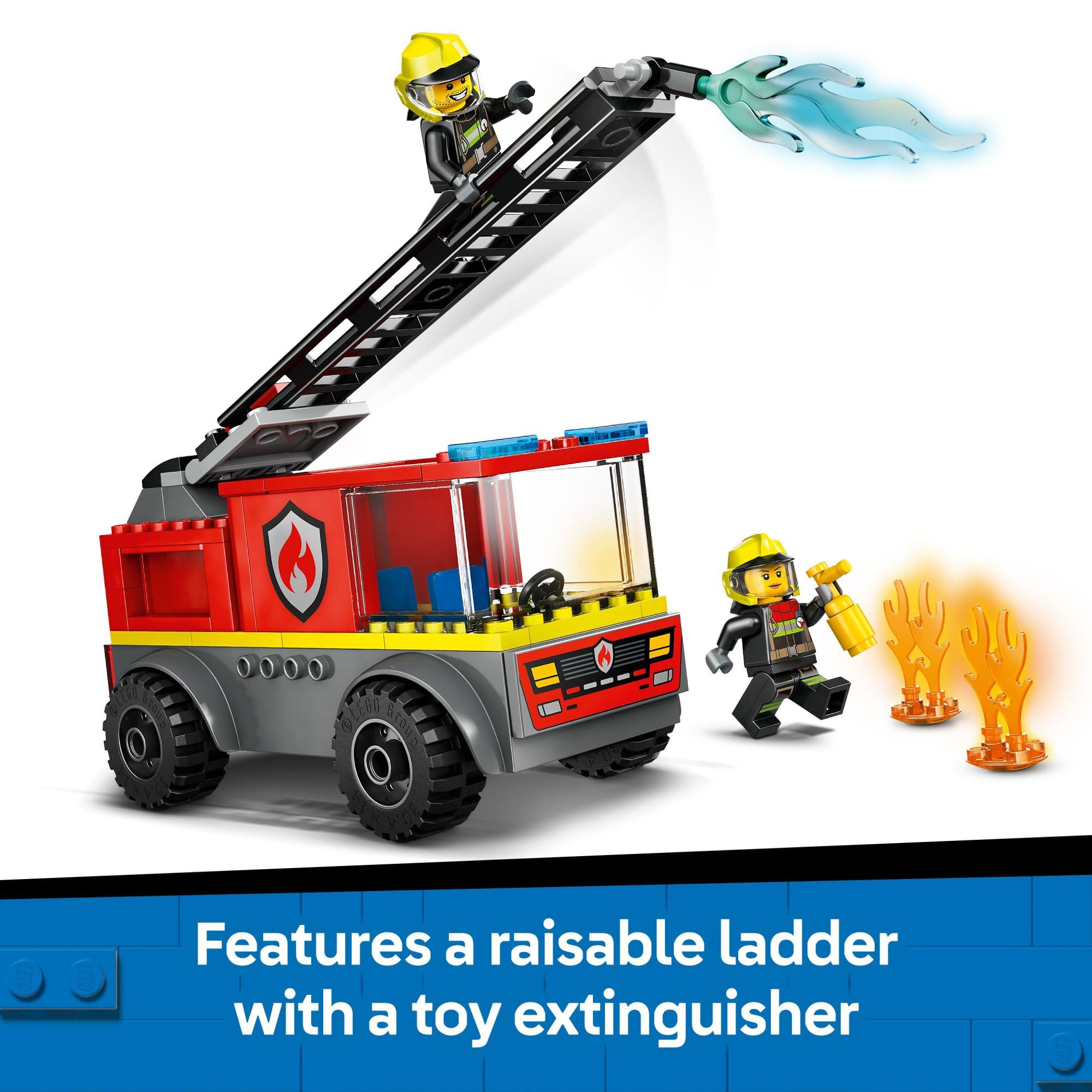 LEGO City Fire Ladder Truck accessories including extinguisher and flames