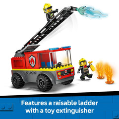 LEGO City Fire Ladder Truck accessories including extinguisher and flames
