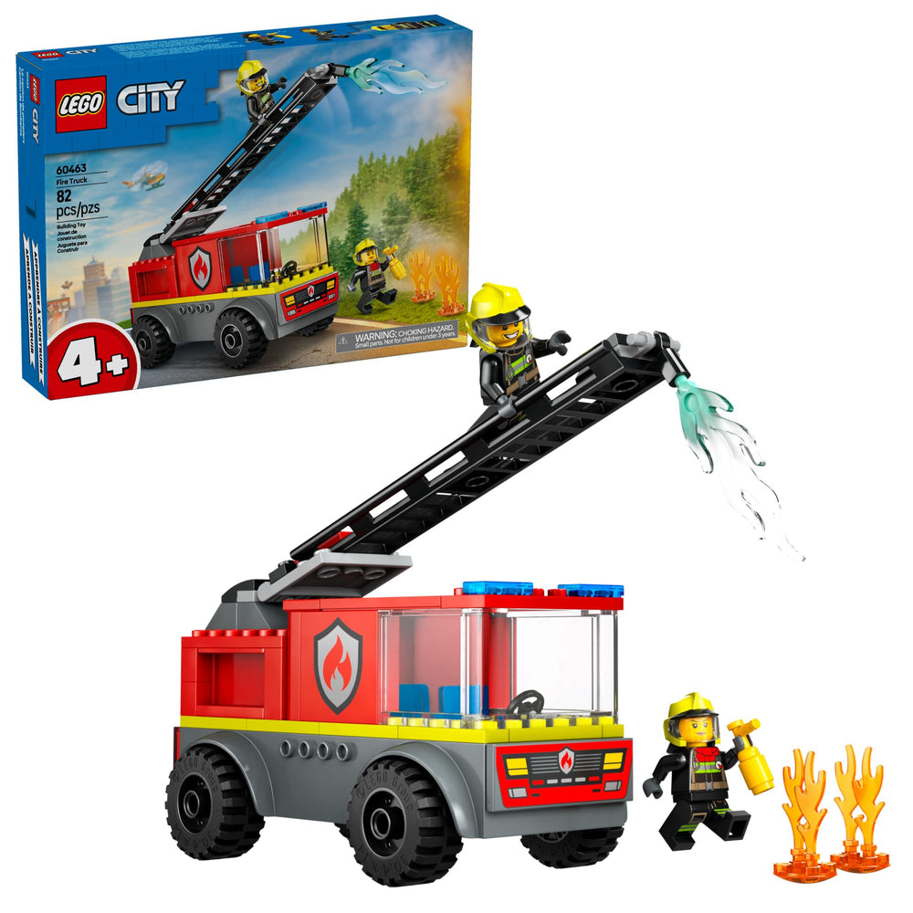 LEGO City Fire Ladder Truck front view with two minifigures ready for adventure